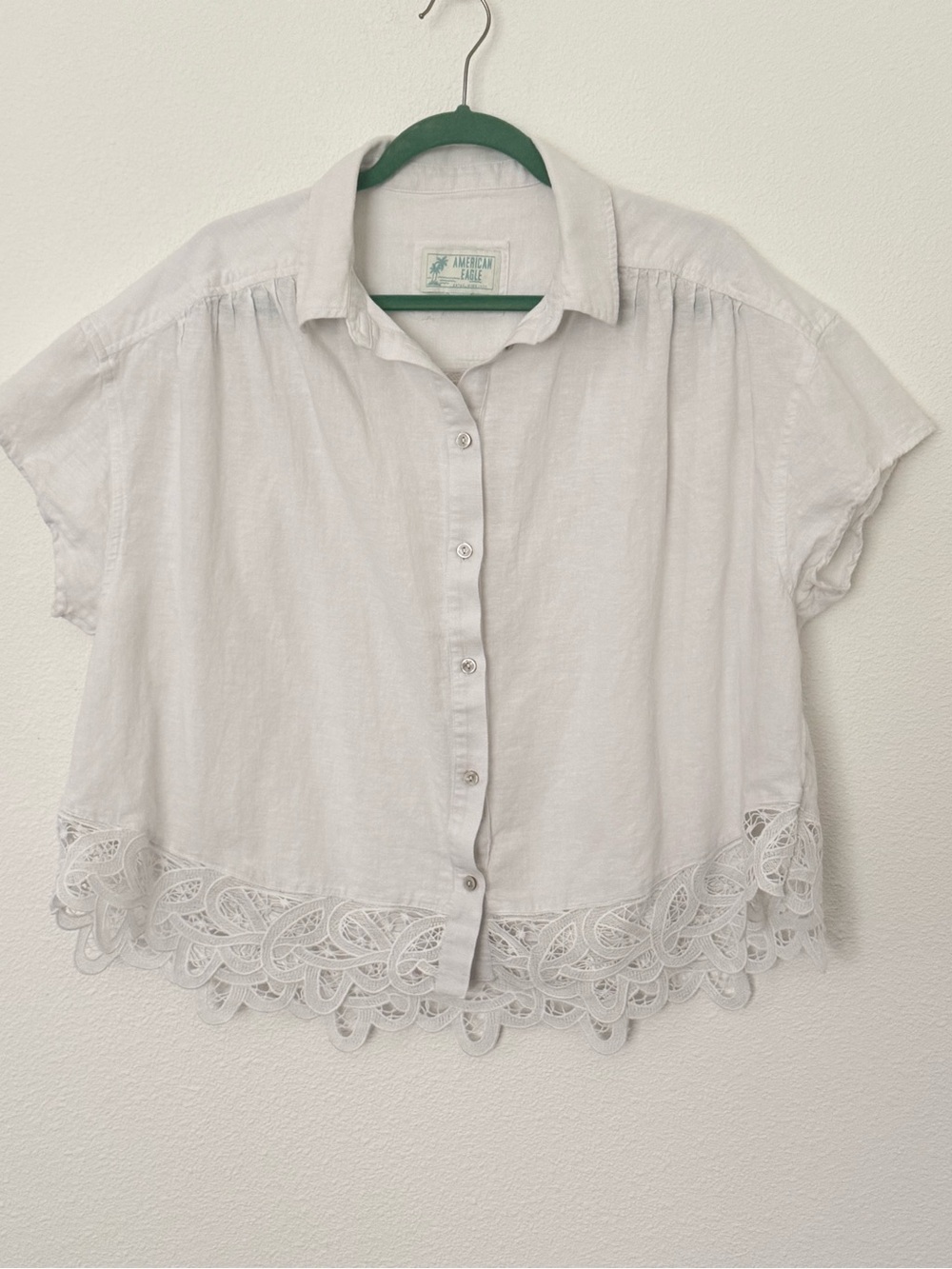 American Eagle White Lace Trim Linen Blend Cropped Button Down Shirt Oversized L